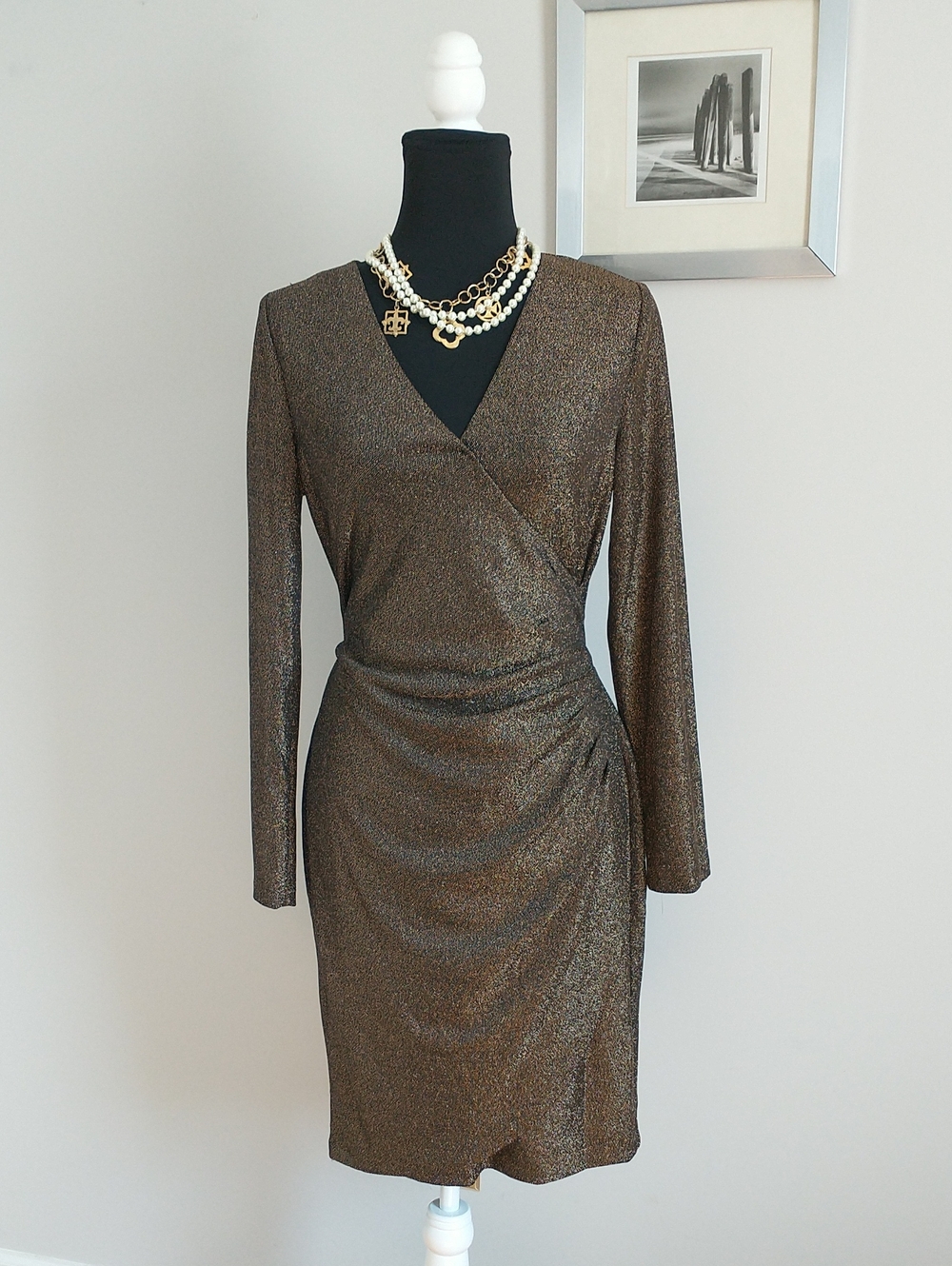DKNY Metallic Bronze Long-Sleeve Wrap Dress. SIZE 10